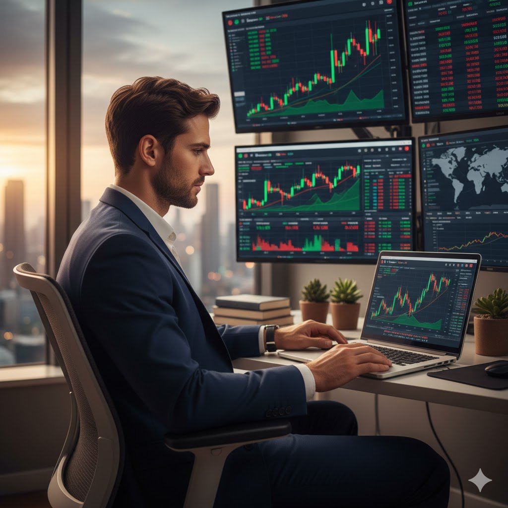 Successful trader working on laptop with charts